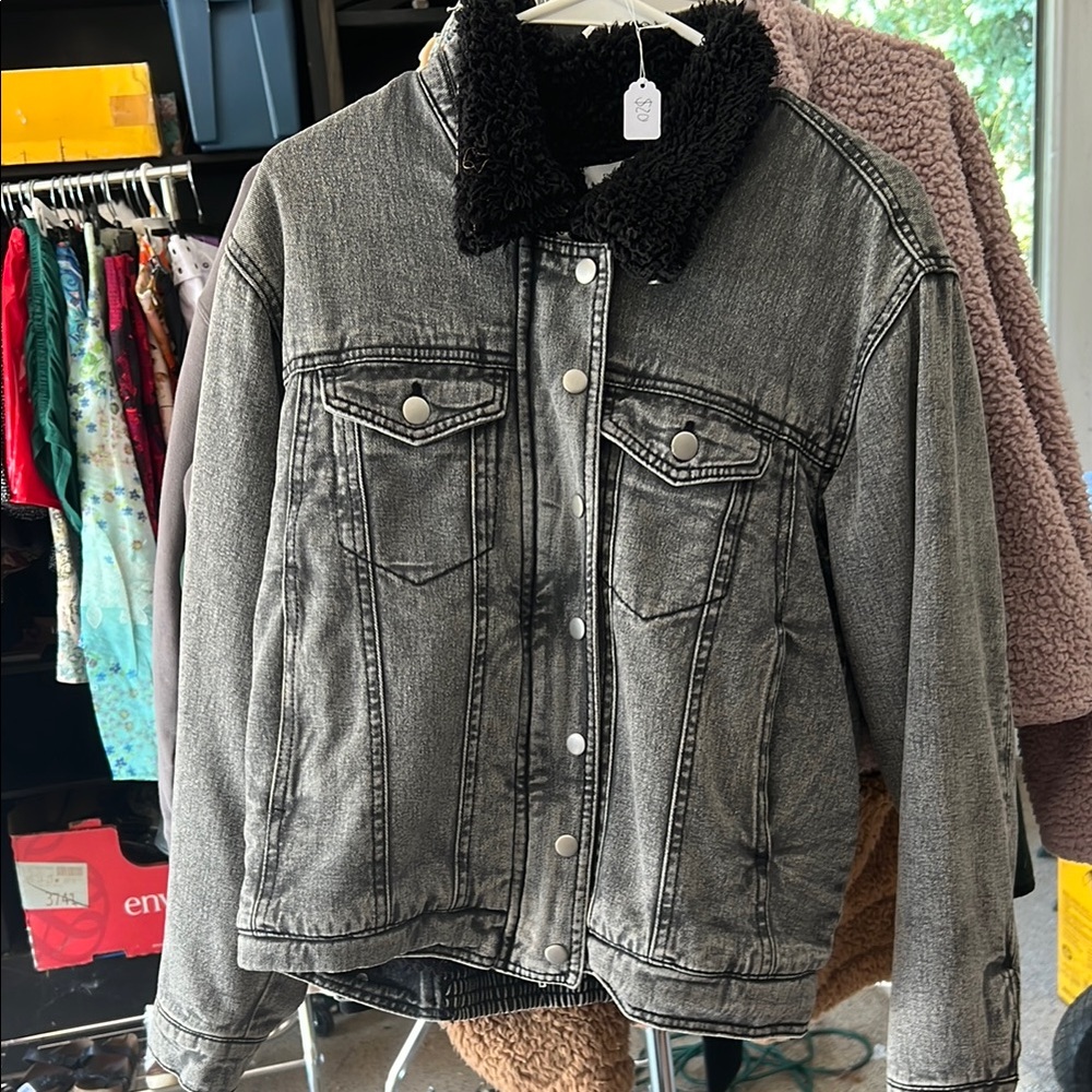 Forever 21 Black Denim Jacket with Sherpa Collar